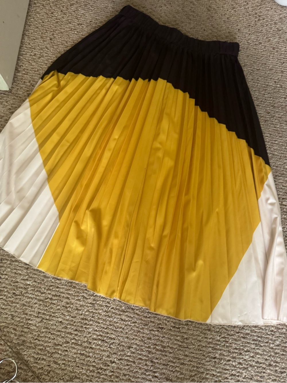 SHEIN Mustard, Black & Cream Colorblock Pleated Midi Skirt